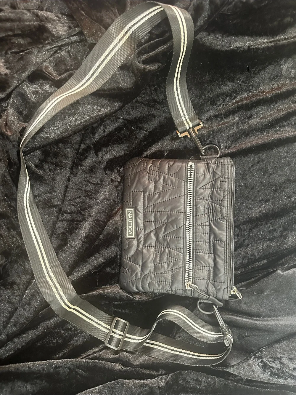 Nautica Black Quilted Crossbody Messenger with Striped Adjustable Strap